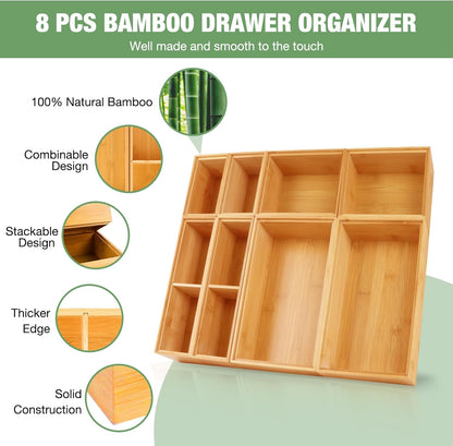Bamboo Drawer Organizer,5 PCS White Bathroom Tray&Desk Organizers and Storage,Cabinet Divider With Removable Silverware Organization for Kitchen,Utensils,Junk,Office,Makeup