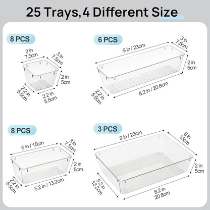 Vtopmart 25 PCS Clear Plastic Drawer Organizers Set, 4-Size Versatile Bathroom and Vanity Drawer Organizer Trays, Storage Bins for Makeup, Bedroom, Kitchen Gadgets Utensils and Office