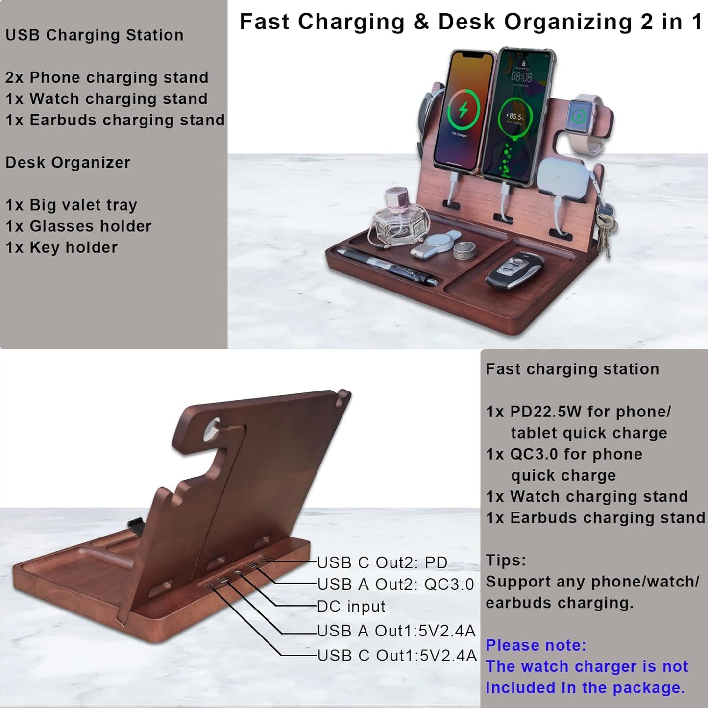 Nightstand Organizer with Drawer Built in 4 USB Charger, Wood Phone Docking Station with Dual Phone Charging Station for Apple Android Phones Anniversary Birthday Gifts for Men Dad Hunsband Mom