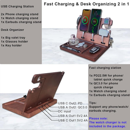 Nightstand Organizer with Drawer Built in 4 USB Charger, Wood Phone Docking Station with Dual Phone Charging Station for Apple Android Phones Anniversary Birthday Gifts for Men Dad Hunsband Mom