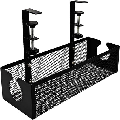 Under Desk Cable Management Tray – No Drill Metal Mesh Cord Organizer for Home Office & Standing, Adjustable Wire Organizer, Space-Saving Desk Tray (Black)
