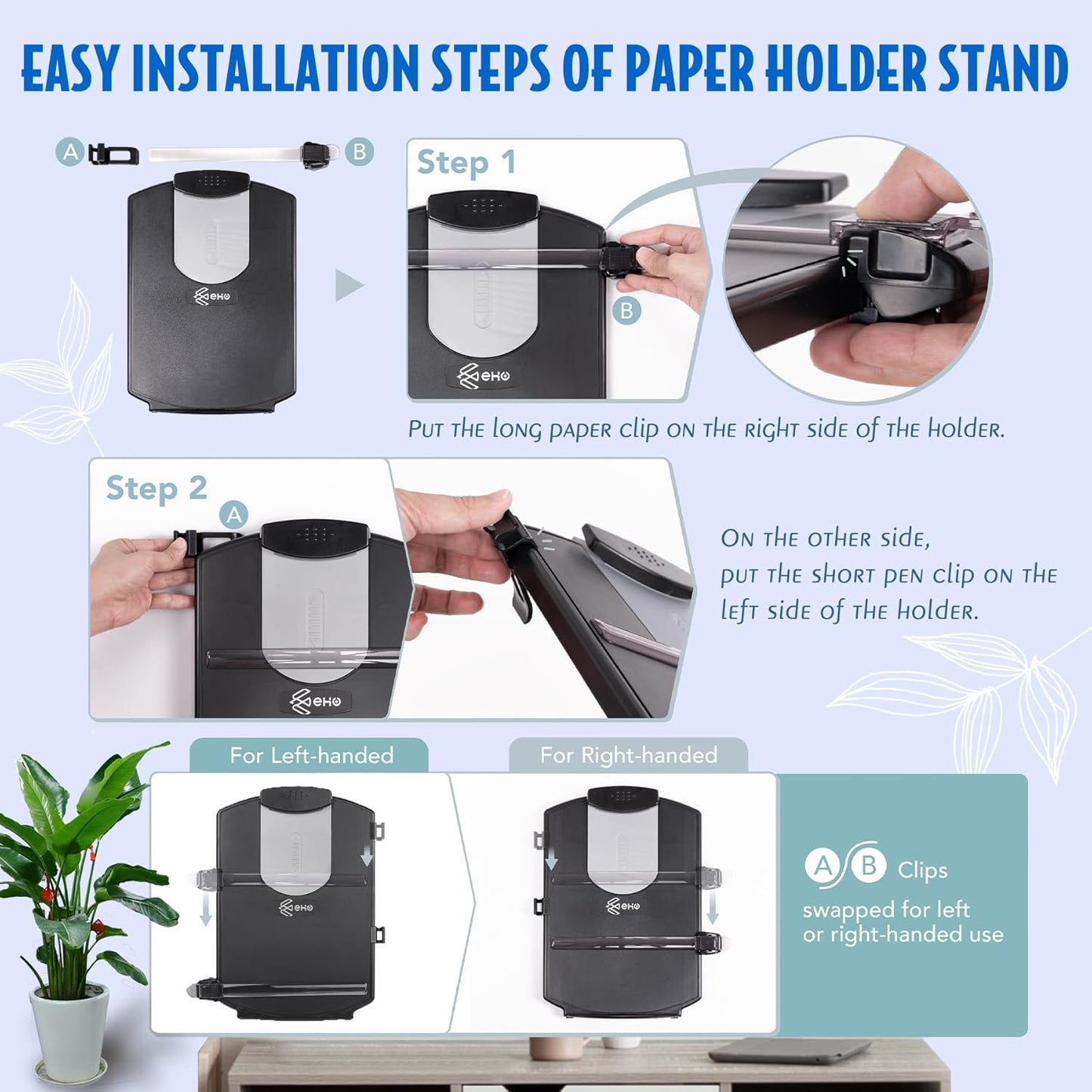EHO Adjustable Document Holder Bottom with 5mm Shelf Lip, Portable Paper Stand for Reading, Typing, with Clip, Line Guide, Easel Back, for Office, Desktop, Recipes, Music Sheets, paper and more, Black