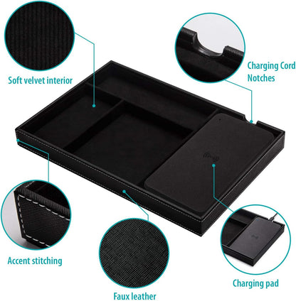 Valet Tray, Built in Wireless Charging Pad, Nightstand Organizer, Dresser Organizer, Mens Jewelry Box, Valet Charging Station, Faux Leather Valet Tray for Men and Women, (Black)
