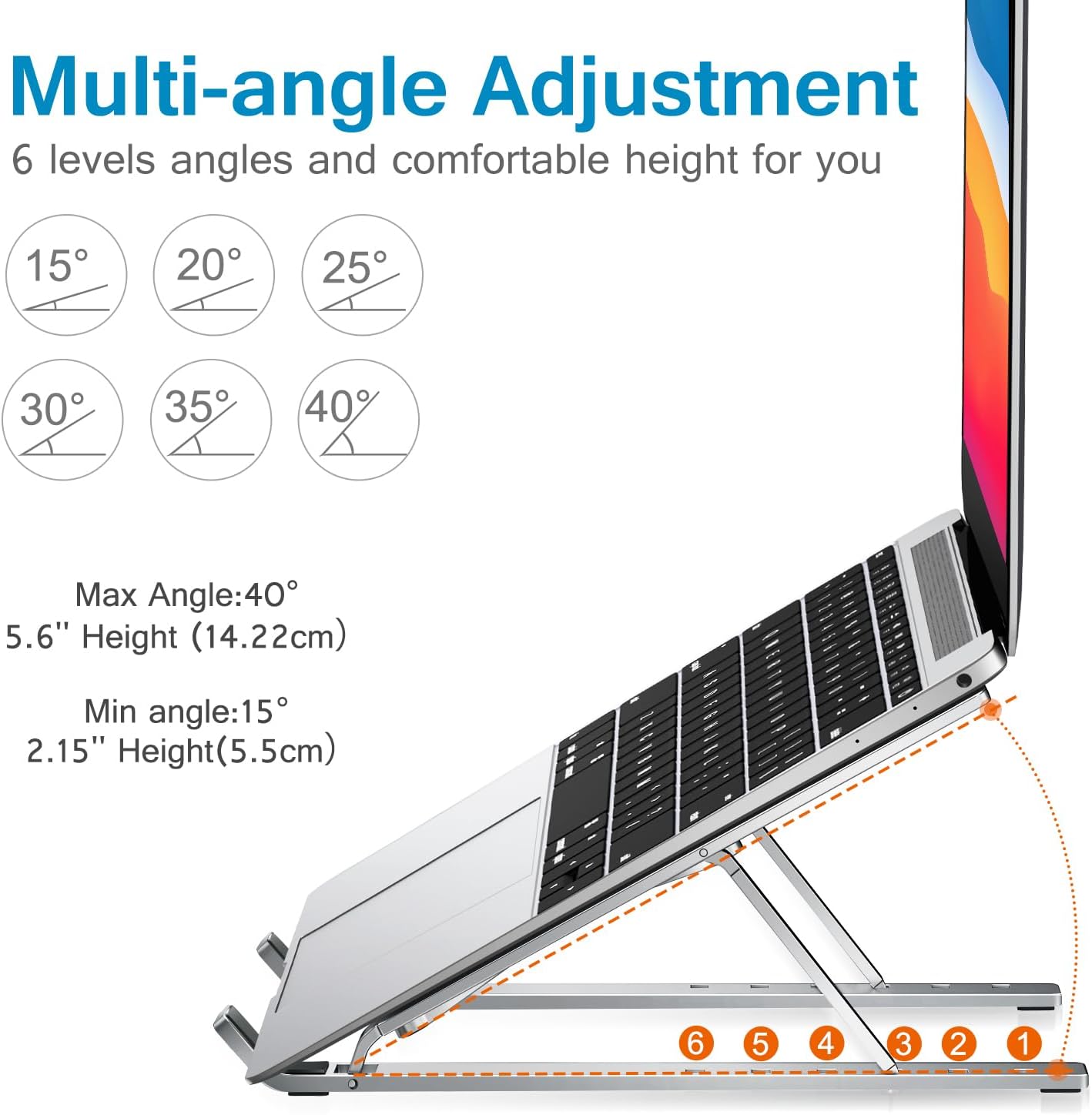 ivoler Laptop Stand, Laptop Holder Riser Computer Tablet Stand, 6 Angles Adjustable Aluminum Ergonomic Foldable Portable Desktop Holder Compatible with 10-15.6” MacBook,iPad, HP, Dell, Lenovo Silver