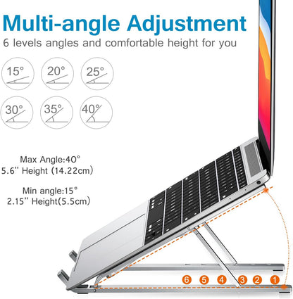 ivoler Laptop Stand, Laptop Holder Riser Computer Tablet Stand, 6 Angles Adjustable Aluminum Ergonomic Foldable Portable Desktop Holder Compatible with 10-15.6” MacBook,iPad, HP, Dell, Lenovo Silver