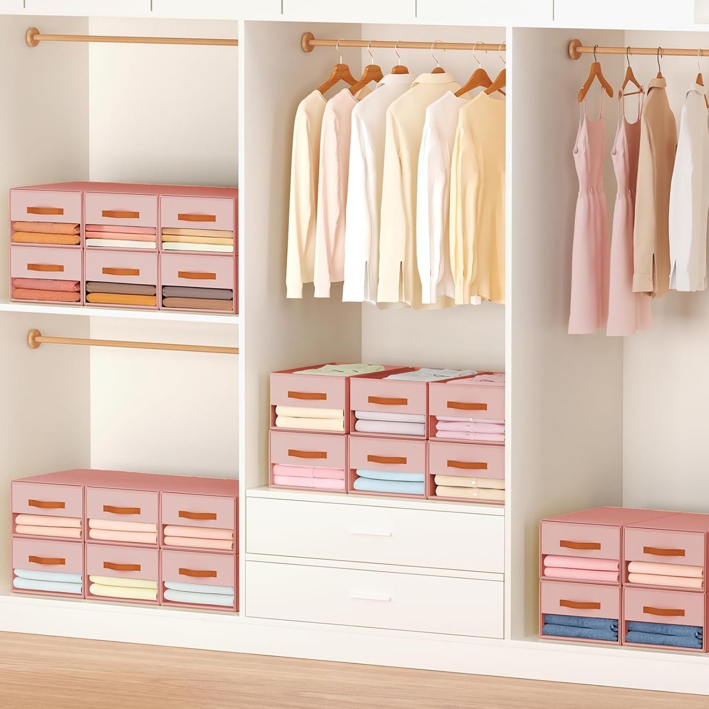 Stackable Storage Drawers - Pull Out Storage Bins with Drawers for Closet Clothes Organizers with Weekly Labels & Clear Window, Closet Shelf Storage for Bedroom, Living Room, 5 Pack, White