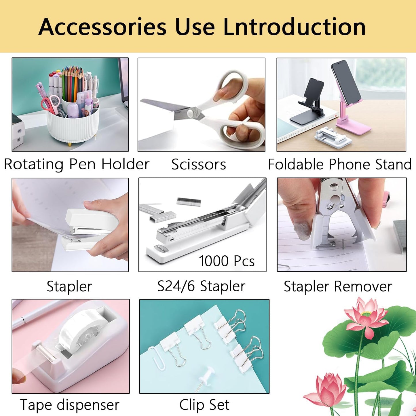 suniya Office Supplies,Gold Desk Accessories,with Stapler,Tape Dispenser,Pen Holder,Scissors,Phone Stand,Staple Remover,Ballpoint Pen,Clear Tape, Staples,Ruler,Clips,Best Gift for Business or Boss