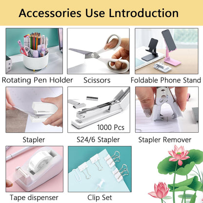 suniya Office Supplies,Gold Desk Accessories,with Stapler,Tape Dispenser,Pen Holder,Scissors,Phone Stand,Staple Remover,Ballpoint Pen,Clear Tape, Staples,Ruler,Clips,Best Gift for Business or Boss