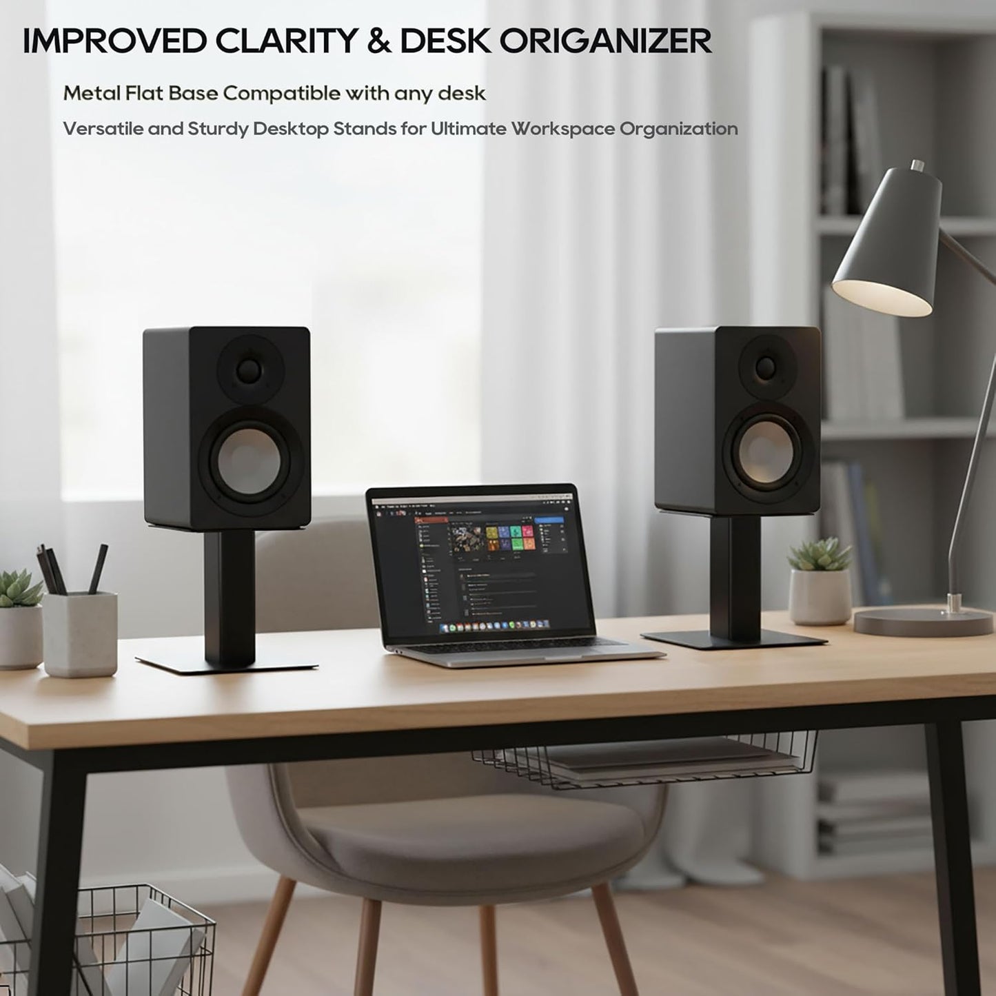 Desktop Speaker Stands Pair, Heavy Duty 7”x 7” Metal Tray, Sturdy Flat Base for 4" to 7" Monitor & Bookshelf Speakers, Compact Monitor Speaker Stand Riser for Home/Studio Speakers, 6" Tall/Black