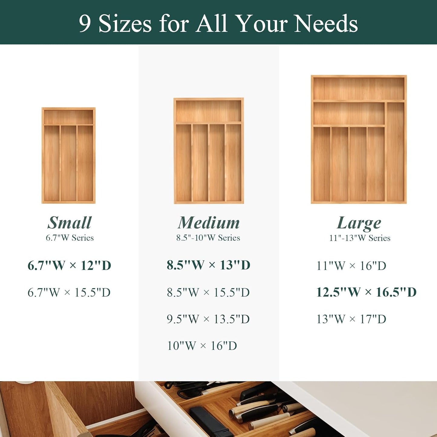 Small Silverware Organizer, Bamboo Kitchen Drawer Organizer, Utensil Holder, Cutlery Tray & Spoon Flatware Storage with Grooved Drawer Dividers (6.7''W x 12''D)