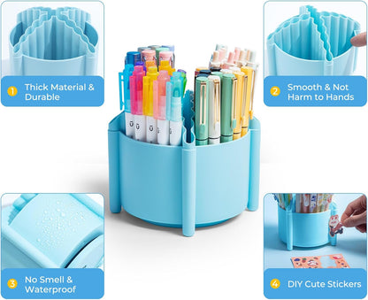 M&G 360 Degree Rotating Desk Organizer, 4 Slot Pencil Holder with Stickers, Multi-Purpose Cute Pen Pencil Cup for Make Up Brush Office School Home (Blue)