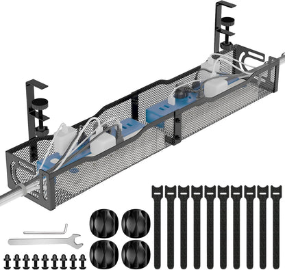 Under Desk Cable Management Tray, 15.7'' No Drill Steel Desk Cable Organizers, Wire Management Tray Cable Management Rack (1 Pack-Black)
