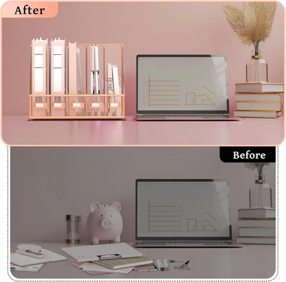 SUPEASY Desk Organizers Metal Desk Magazine File Holder with 5 Vertical Compartments Rack File Organizer for Office Desktop, Classroom, Home Workspace, Black