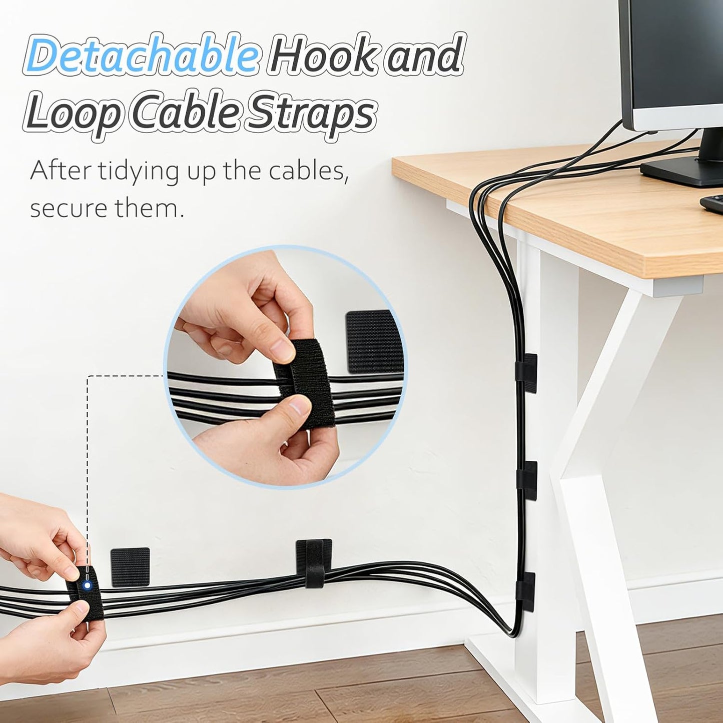 Cable Management Under Desk, Znben Detachable Cable Straps Heavy Duty Hook and Loop Cable Ties Reusable 20 Pack