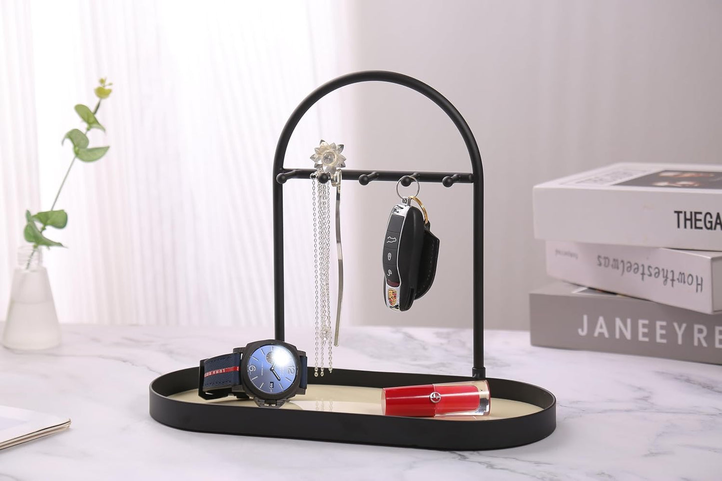 Shinpuru Metal Jewelry Organizer Stand & Key Holder Tray with Acrylic Base, Key Stand and Jewelry Tray with 5 Hooks, Perfect Key Bowl, Valet Key Tray, Ring Holder, Jewelry Dish (Silver Black)