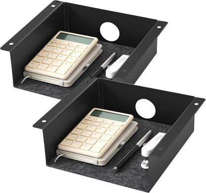Yaocom 2 Pack Under Desk Hanging Shelf, Carbon Steel Storage Tray with Mute Felt Sheets, Mount Shelves Organizer for Office Home Workstation Gaming Desk Stand up(13x8x2.8 in/Storage Shelf,Black)