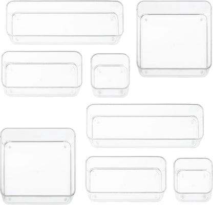 primebox Six Pieces - Clear Plastic Drawer Organizer Bins - Stackable, Non-Slip, 3 Sizes