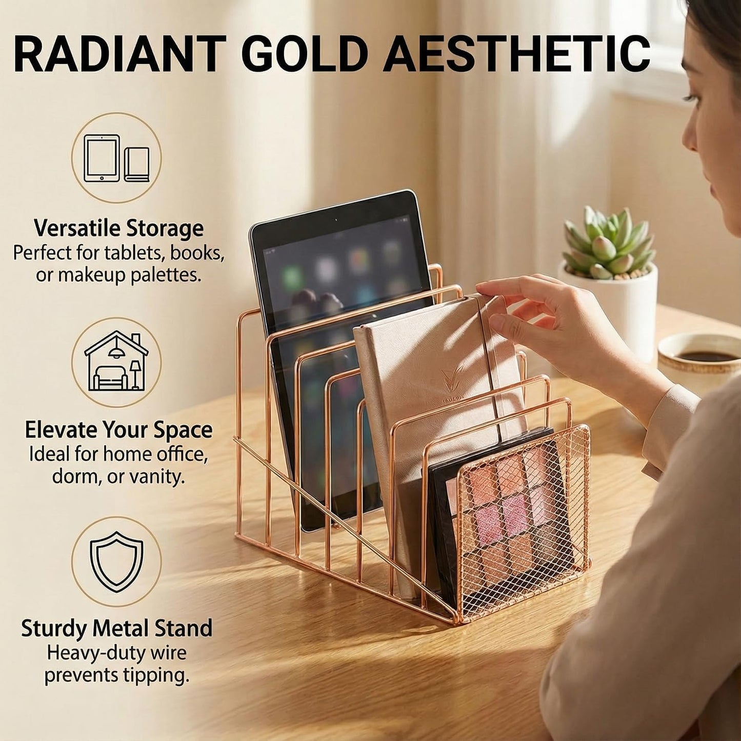 Simmer Stone Rose Gold Desk Organizer 7 Slot Inclined Vertical File Folder Holder Sorter with Mesh Front – Metal Wire Rack for Mail, Slim Binders, Books Office Organization & Desktop Accessories