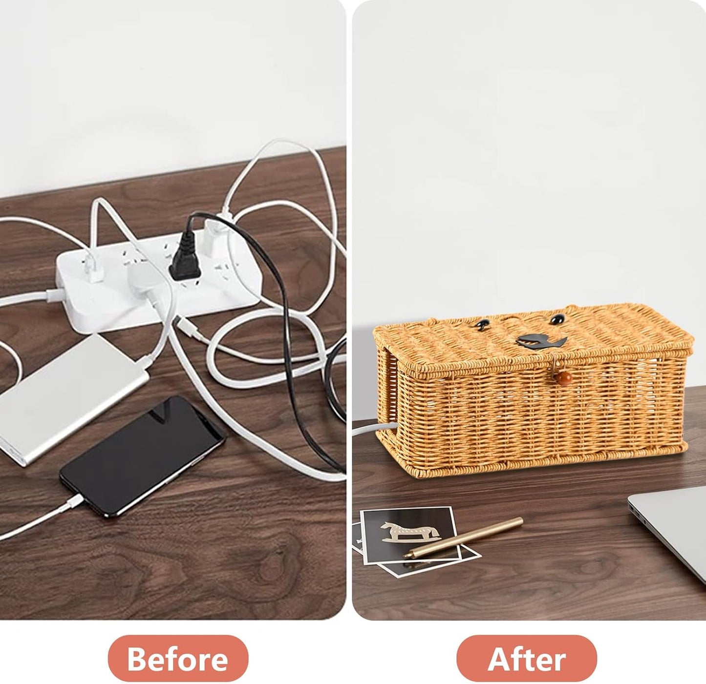Cord hider box,Imitation rattan cable management organizer storage box with lid 2 open slots extension cord keeper charging basket cover under desk for hide wire cords and power strip-13"L*5.1"W