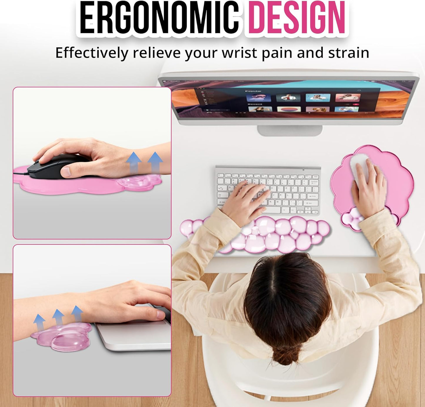 Keyboard Wrist Rest Set — Ergonomic Cloud Gel Wrist Rest Keyboard and Mouse Pad, Non-Slip Desk Accessories for Office and Home（White）