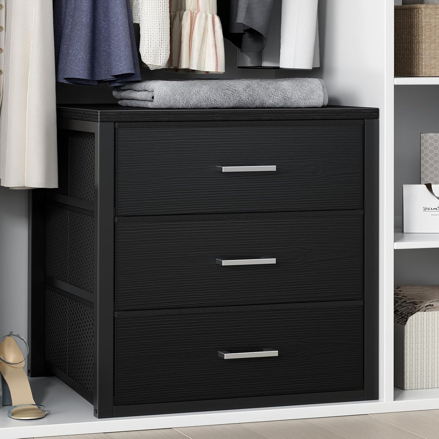 BOLUO Closet Drawers Black Fabric 3 Drawer Small Dresser for Closet Organizers and Storage Bedroom Dorm Modern