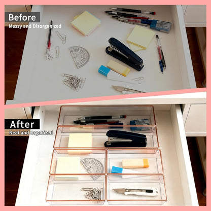 4 Pack Large Size Clear Stackable Drawer Organizer Trays, Gold Rim Makeup Drawer Storage Tray Divider, Desk Storage for Makeup, Jewelry, Bathroom, Stationary, Kitchen Utensils and Office Desk