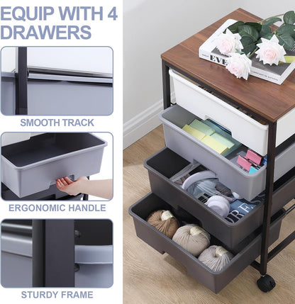 SYKIARIOL Utility Cart with 4 Drawers, Multipurpose Rolling Storage Cart with 4 Drawers and 2 Lockable Wheels, 4-Tier Rolling Storage Cart Organizer for Home Office Dorm, Bright White