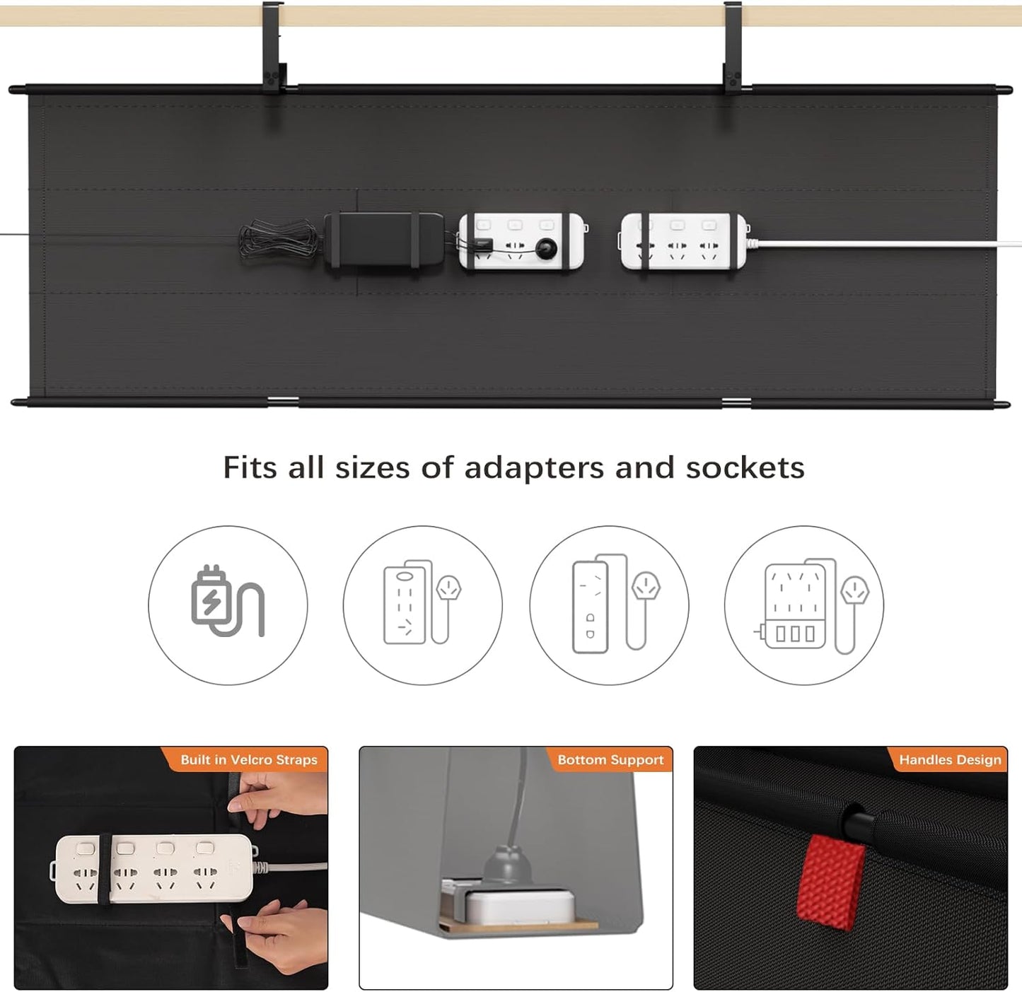 Under Desk Cable Management Tray - 36" Cord Organizer for Desk No Drill, Fabric Under Table Wire Organizer with 16X Cable Ties Hide for Office/Home, Cord Hider Fits Adapters & Sockets, White