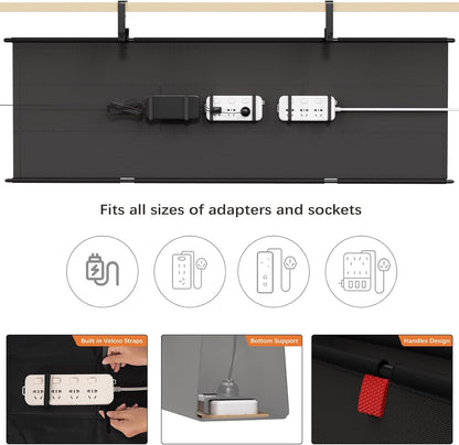 Under Desk Cable Management Tray - 36" Cord Organizer for Desk No Drill, Fabric Under Table Wire Organizer with 16X Cable Ties Hide for Office/Home, Cord Hider Fits Adapters & Sockets, White