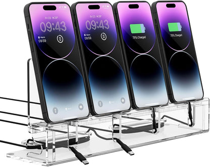 Cell Phone Stand, Multiple Phone Holder Organizer Stand for 4 Phones, Acrylic Desktop Mobile Phone Docking Station Charging Holder (Clear)