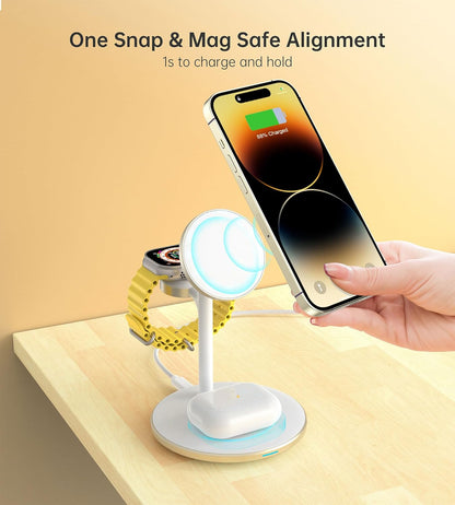 XooFly 3 in 1 Wireless Charging Station for Apple Devices, Fast Wireless Mag-Safe Charger Stand with 20W Adapter for iPhone 17 16 15 14 13 12 Pro Max/Air/Plus/Pro,iWatch,AirPods-Gift for Wife&Husband