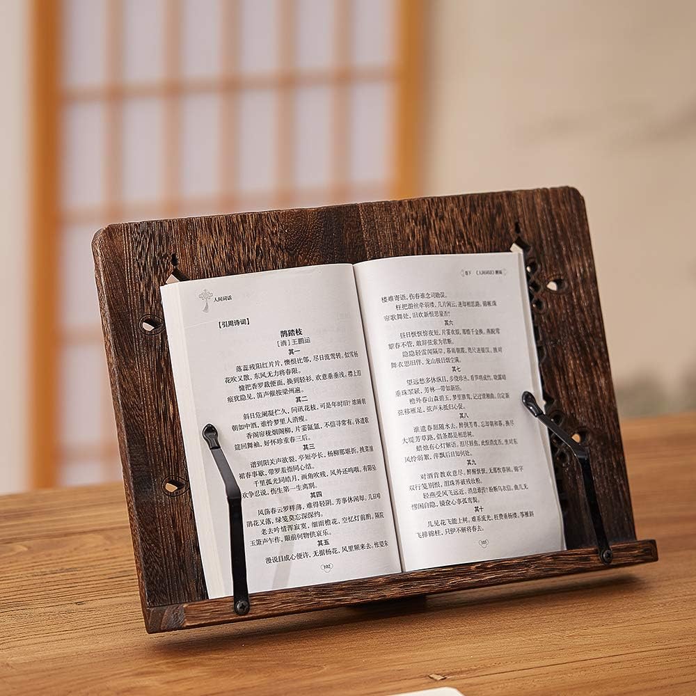 Book Stand with Page Clips, Foldable Reading Rest Holder, Portable Desk Bookrest, Cookbook/Tablet PC/Music Document Stand, Adjustable Wood Reading Frame (Chinese Knot, 11.8 x 8.7 inches)