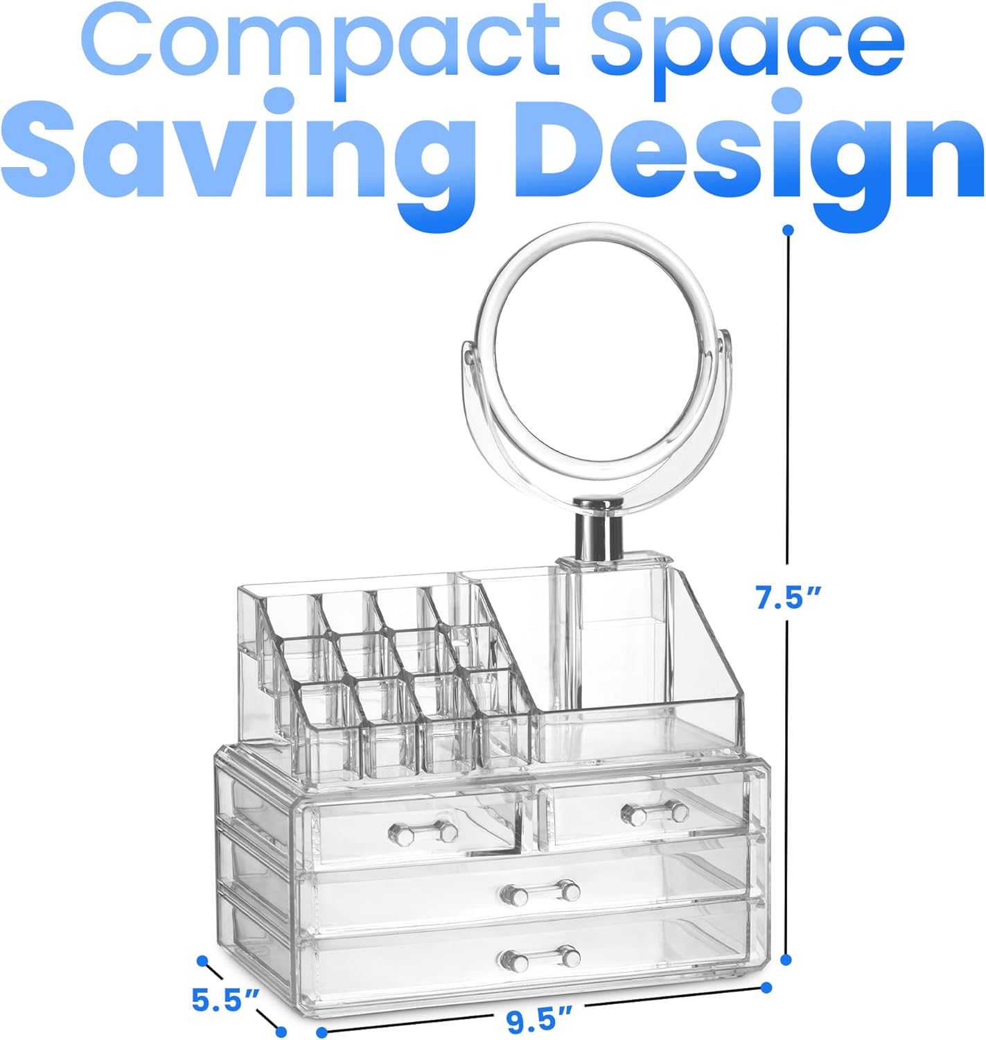 Masirs Clear Makeup Organizer - 16-Compartment Cosmetic and Jewelry Holder with 4 Drawers - Vanity Storage Box for Makeup, Skincare, Accessories, and Jewelry Display