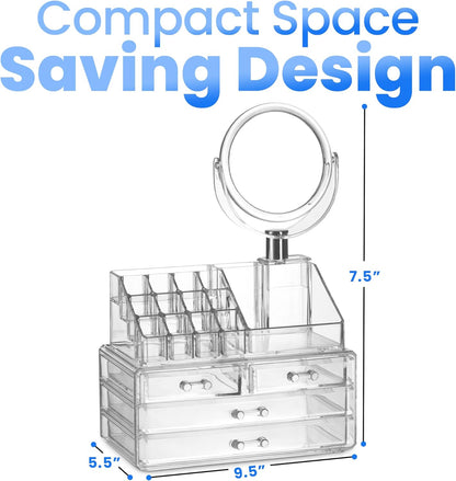 Masirs Clear Makeup Organizer - 16-Compartment Cosmetic and Jewelry Holder with 4 Drawers - Vanity Storage Box for Makeup, Skincare, Accessories, and Jewelry Display