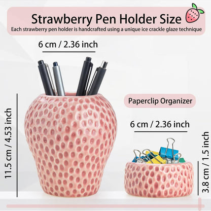 Ceramic Paper Clip Holder, Strawberry Pen Holder Set, Desktop Aesthetic Creative Storage Set of 2, Office Home Decor(Red)