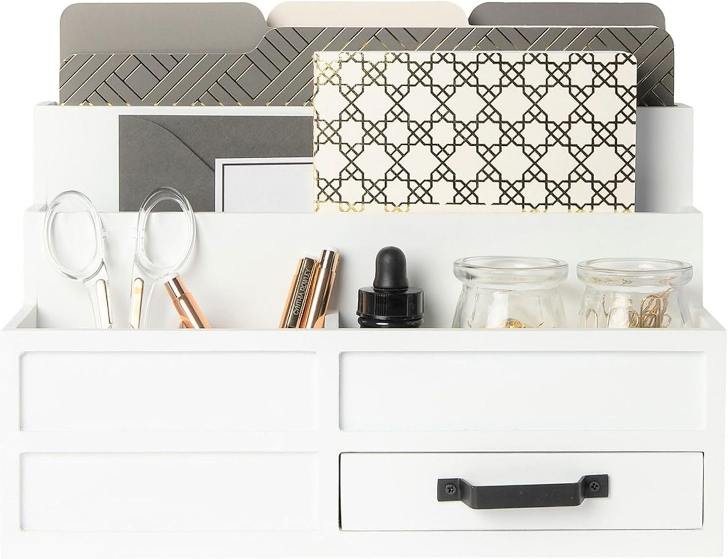 BLU MONACO | White Desktop Organizer with Drawer Storage | Tabletop Organizer with Drawers for Paper Bills Mail | Wooden Mail Organizer for Countertop Workspace | with Drawer, Bill