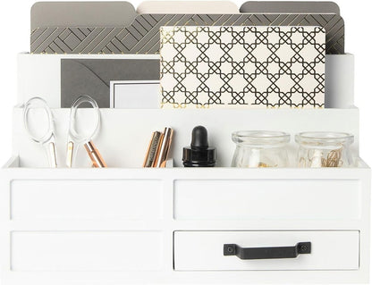 BLU MONACO | White Desktop Organizer with Drawer Storage | Tabletop Organizer with Drawers for Paper Bills Mail | Wooden Mail Organizer for Countertop Workspace | with Drawer, Bill