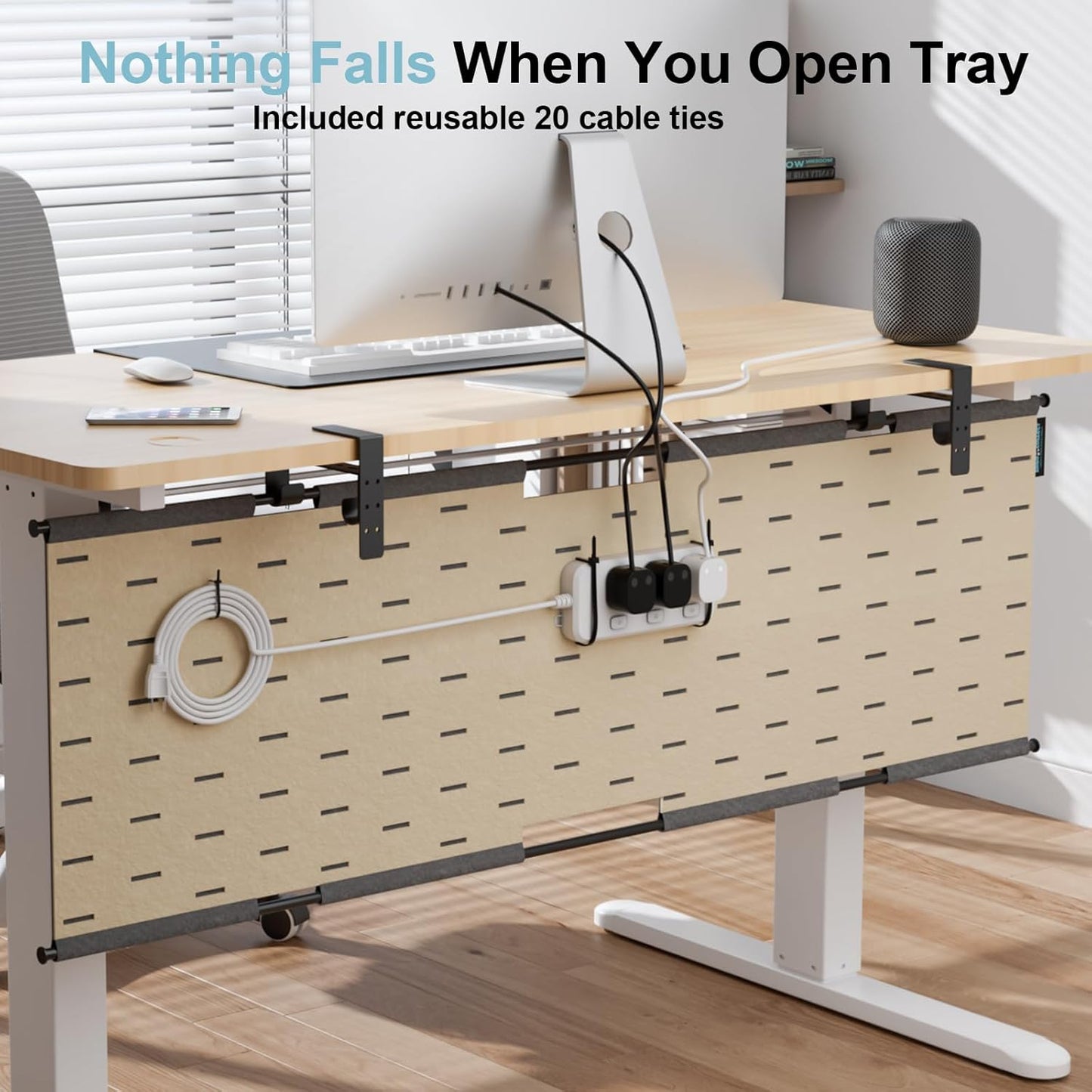 2-in-1 Under Desk Cable Management Tray & Privacy Panel, Dual-Sided Thick Felt Cord Organizer with 20 Cable Ties,Heavy Duty Steel Frame Support, No-Drill Clamp Mount,Large Capacity (Khaki/Gray, 45.2")