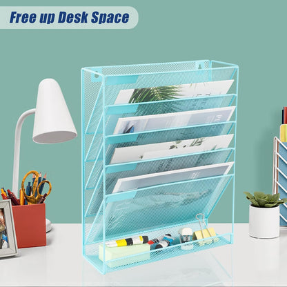 EASEPRES Desk File Organizer Mesh 6-Tier, Hanging Wall Mount Document Organization Stand, Desktop Vertical Mail Paper Folder Holder Rack with Bottom Tray for Office Home Cubicle Countertop, Black