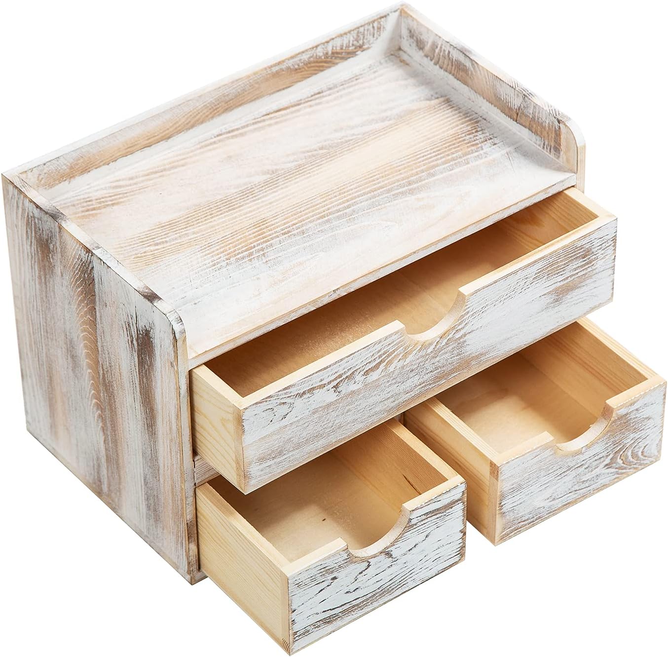 Rustic Distressed white 3-Tier Bamboo Desk Organizer with 3 Drawers Mini Storage Shelf For Desk, Toiletries Vanity Office Supplies (bamboo)