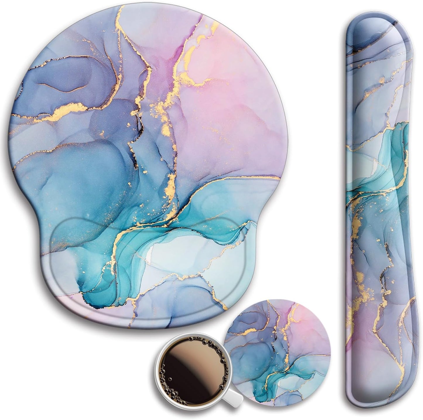 Mouse Pad and Keyboard Wrist Rest Support, with Non-Slip PU Base,Gel Mouse Pad with Coaster,Pain Relief for Gaming, Computer,Office -Beach
