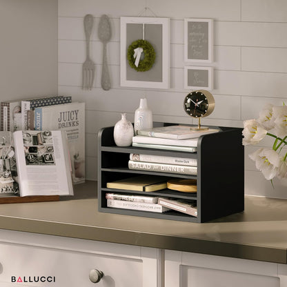 Ballucci 4-Tier Paper Organizer for Desk, Stackable Organizer Tray, Desk Storage Shelves, Stacking Letter Paper Tray Sorter for Classroom, Office, White