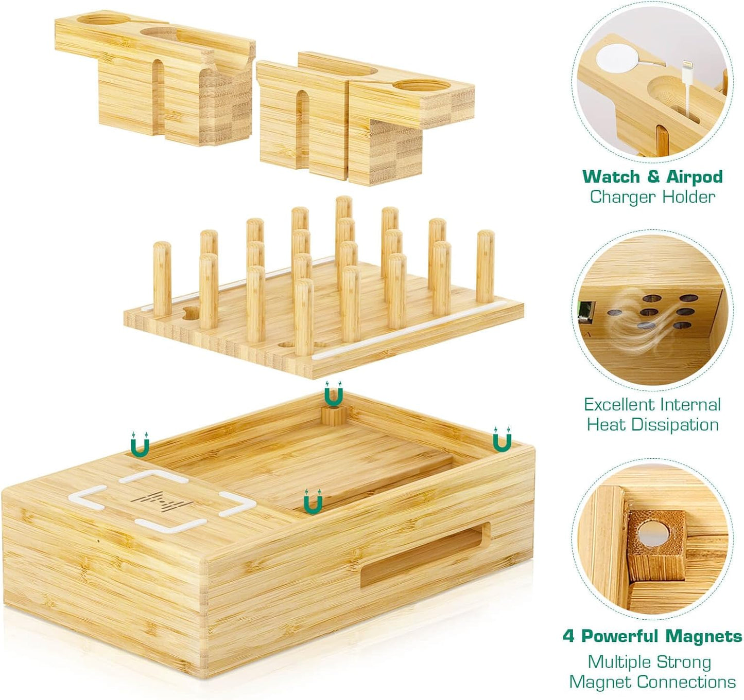 Bamboo Wireless Charging Station for Multiple Devices - Wood Docking Station Organizer, Qi Certified Fast Wireless Charger, 7 USB Charging Ports for Cellphone, Smart Watch, Earbuds, Tablet