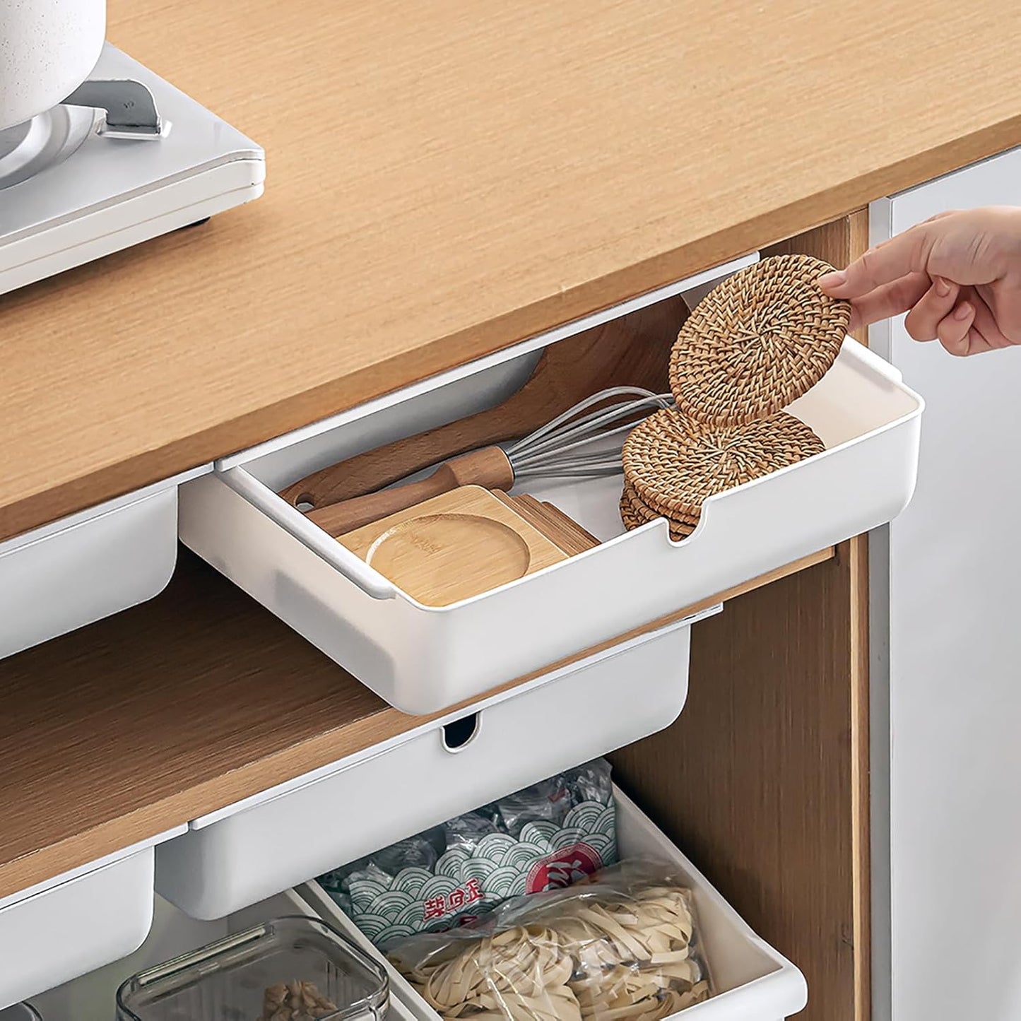 Under Desk Drawer, 2 Pack Large and Medium Hidden Self-Adhesive Under Desk Organisers for Storage of Cutlery, Office Supplies, Stationery and Cosmetics (White-2)