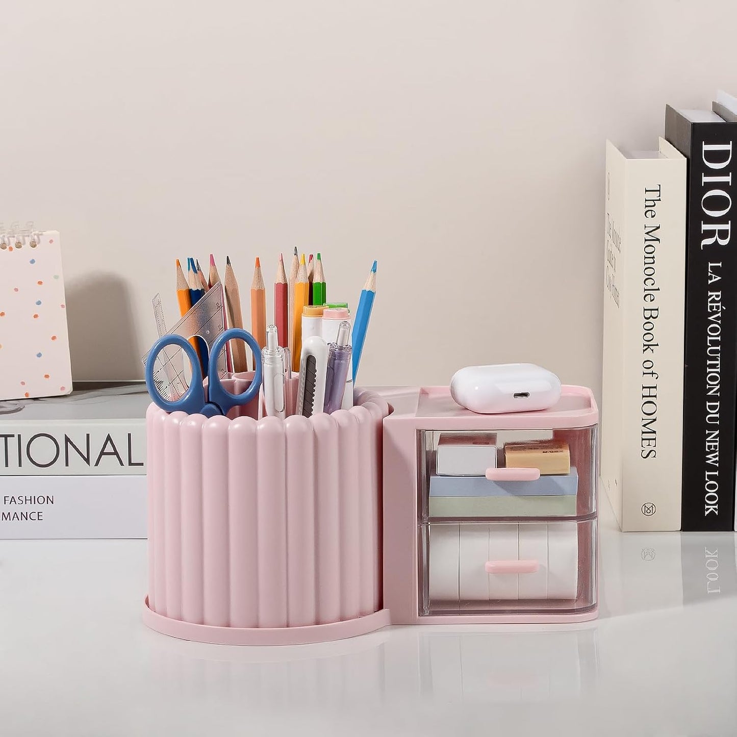 Anyoifax 360° Rotating Pen Holder 7 Slots Desk Organizer Removable Pencil Cup Plastic Art Supplies and Accessories Desktop Storage Box Caddy for Office, School, Home (White)