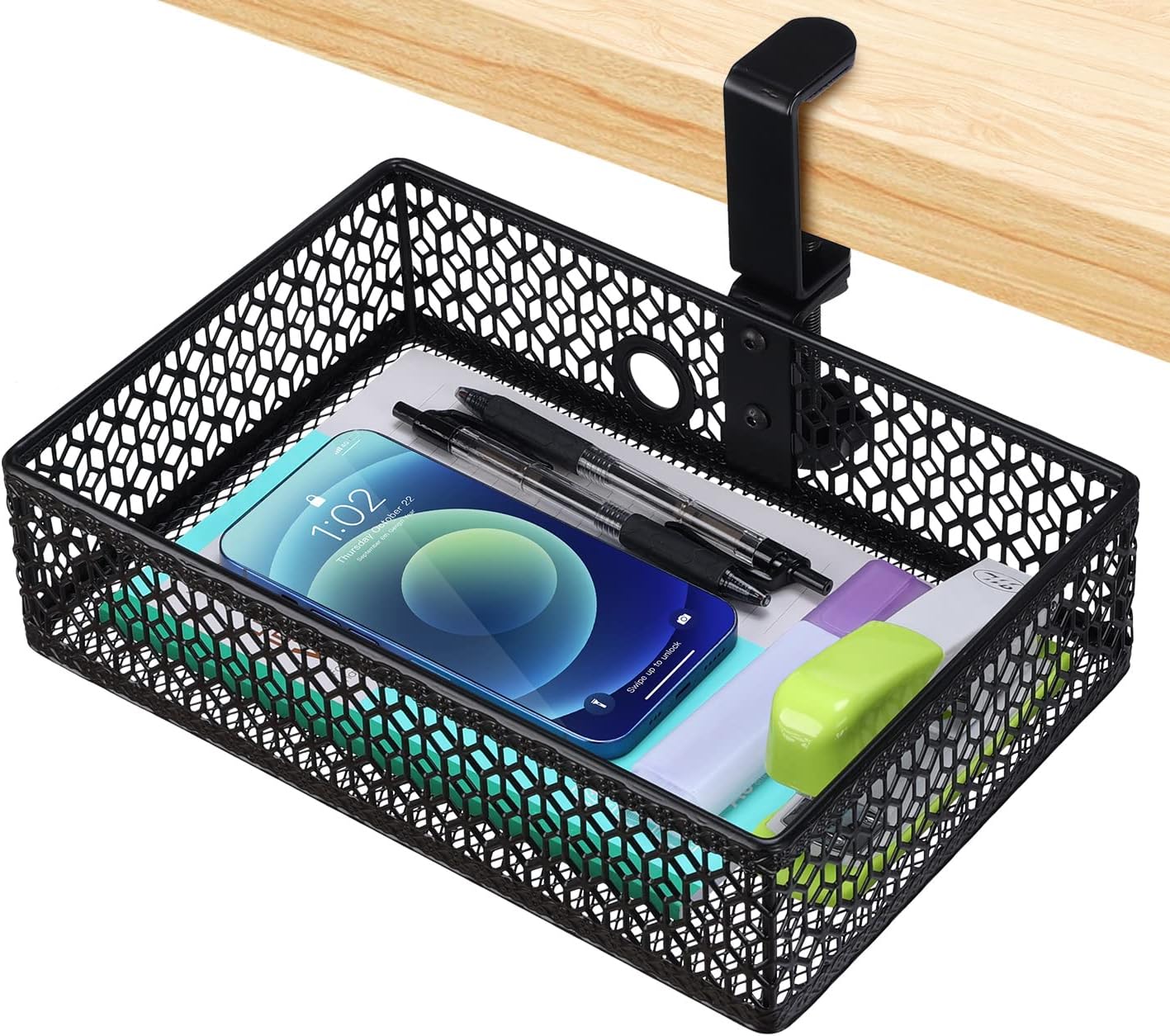 ROSYLINE OSYLINE Heavy Duty Clamp On Under Desk Drawer Organizer Storage Tray Basket with Non-Slip Pad Hanging Mount for Home Office Studio Bedroom or Dorm (Black)