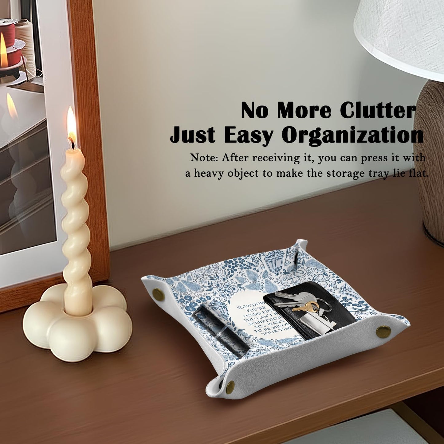 Inspirational Gifts for Women Jewelry Valet Tray, Motivational Positive Affirmations Gifts for Women, Blue Retro Nightstand Desk Accessories PU Leather Tray Organizer for Jewelry Rings Watches