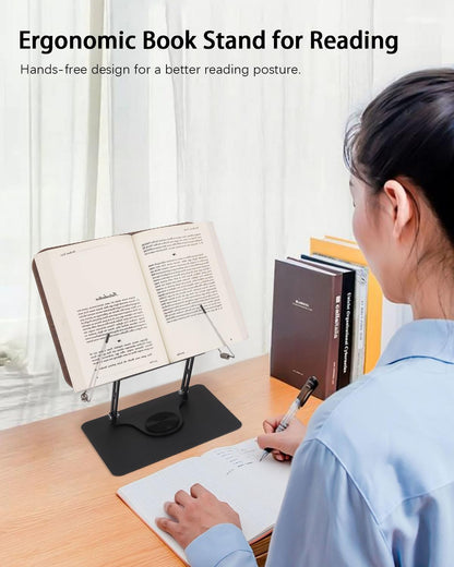 Honagu Book Stand for Reading, Adjustable Book Holder with 360 Degree Rotating Base & Page Clips, Hands Free Foldable Desktop Cookbook Stand for Sheet Music, Laptop, Recipe, Textbook (Acrylic)