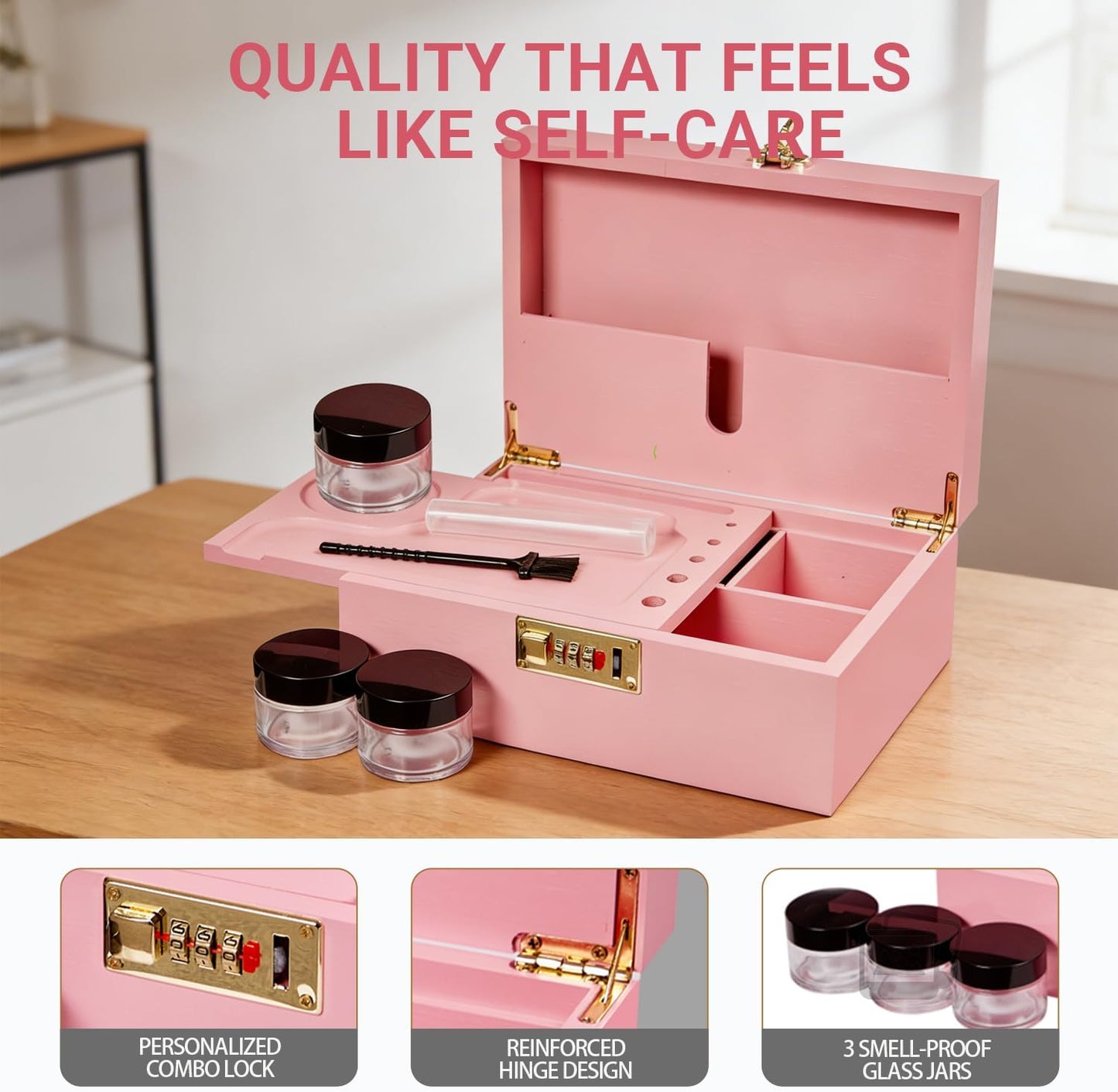 Bamboo Wood Desktop Organizer with 3 Glass Jars and Sliding Tray - Red Multi-Compartment Storage Case for Craft Supplies, Stationery, and Small Accessories (Pink)