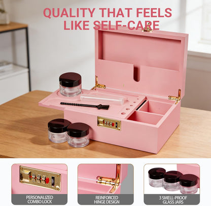 Bamboo Wood Desktop Organizer with 3 Glass Jars and Sliding Tray - Red Multi-Compartment Storage Case for Craft Supplies, Stationery, and Small Accessories (Pink)